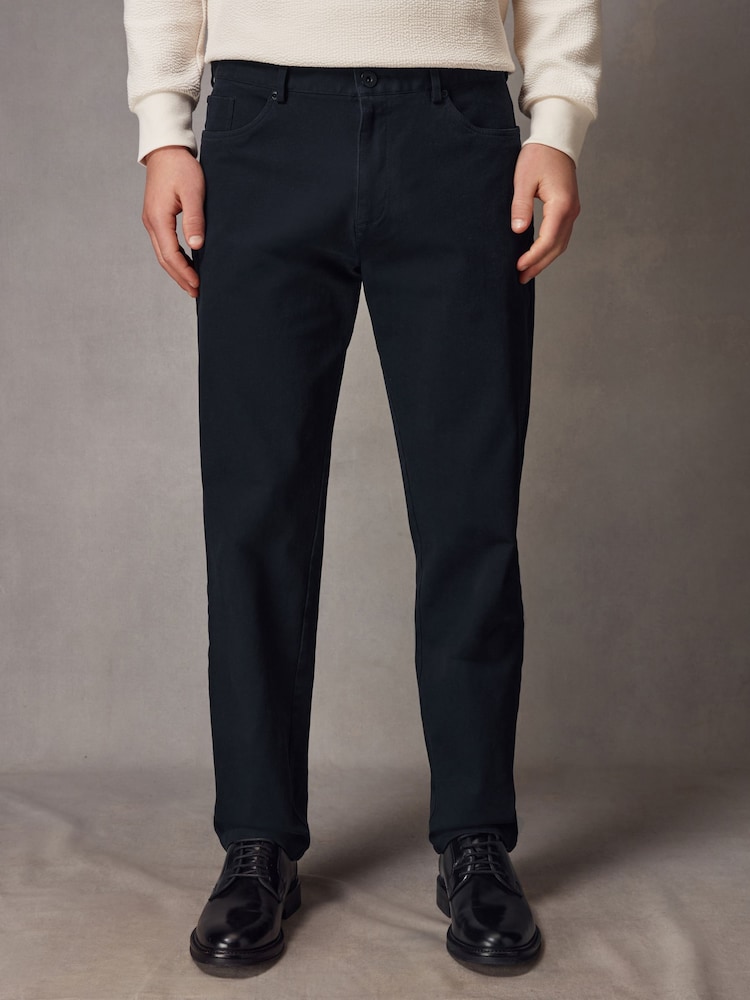 Navy Blue Straight Fit Textured Smart Chinos with Stretch - Image 1 of 9