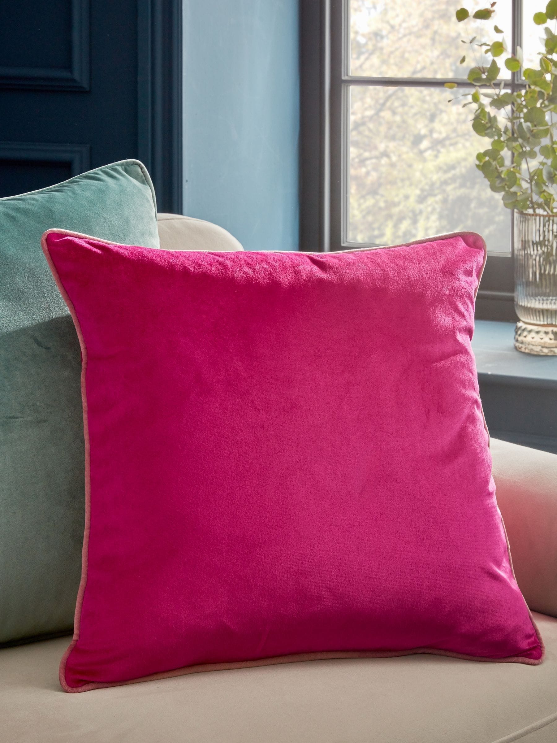 Fuchsia Pink 50 x 50cm Matte Velvet Contrast Pipe Cushion