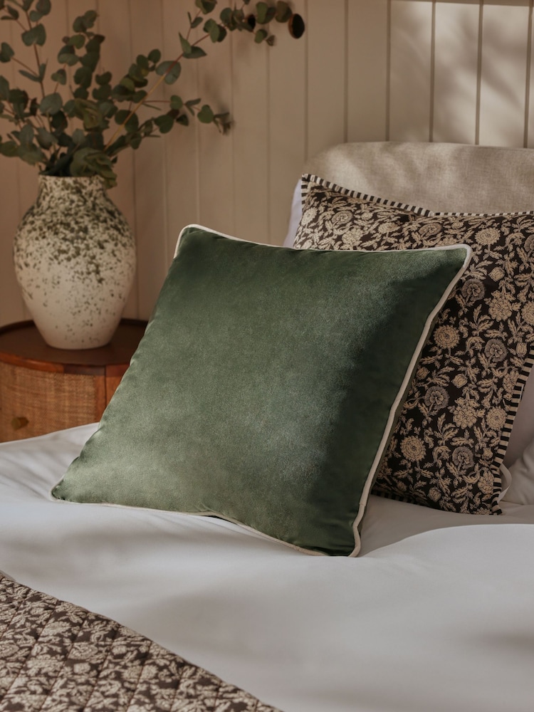 Dark Green 50 x 50cm Matte Velvet Contrast Pipe Cushion - Image 1 of 5