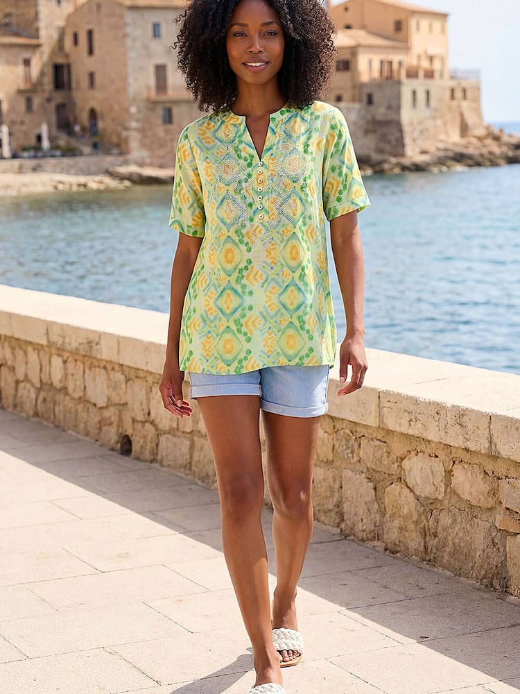 Roman Green Watercolour Print Embellished Top - Image 1 of 1