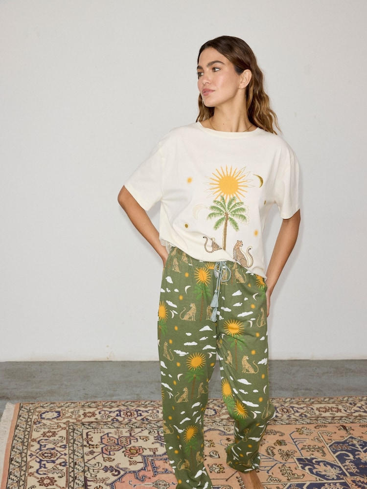 Never Fully Dressed Khaki Green Running Wild 100% Cotton Pyjamas Set - Image 1 of 9 Never Fully Dressed Khaki Green Running Wild 100% Cotton Pyjamas Set - Image 1 of 9