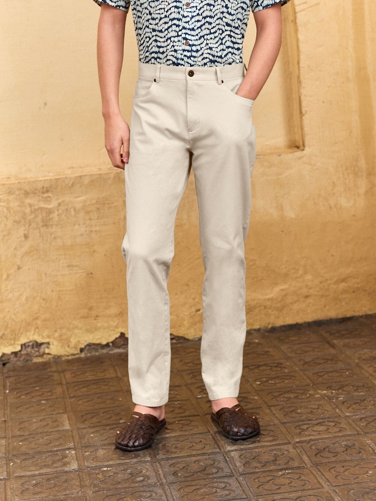 Ecru Straight Fit Textured Smart Chinos with Stretch - Image 1 of 9