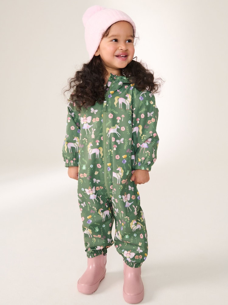 Khaki Unicorn Waterproof Fleece Zip Lined Hooded Puddlesuit (3mths-7yrs) - Image 1 of 8