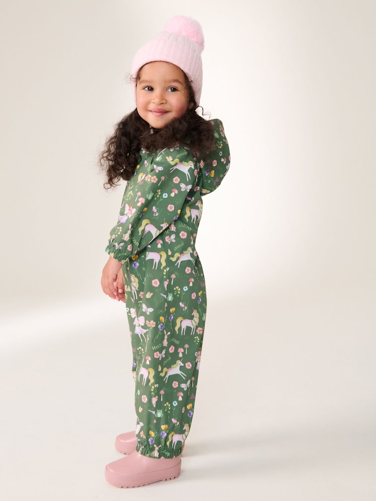Khaki Unicorn Waterproof Fleece Zip Lined Hooded Puddlesuit (3mths-7yrs) - Image 2 of 8