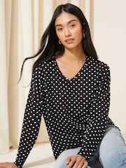 Friends Like These Mono Polka Dot Soft Jersey V Neck Long Sleeve Tunic Top - Image 1 of 4