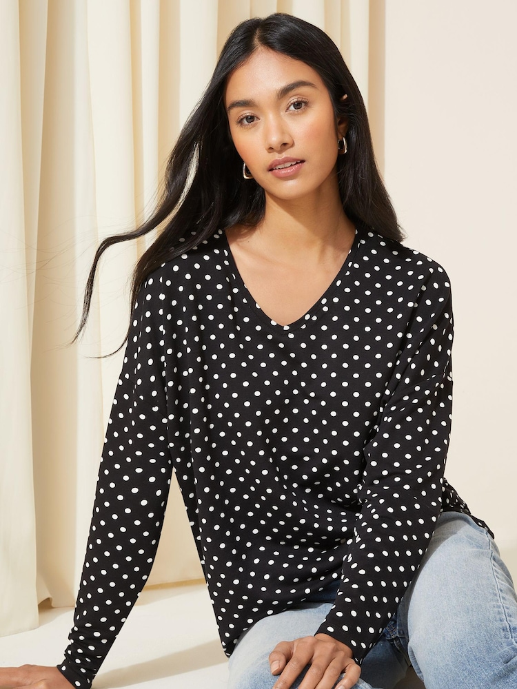 Friends Like These Mono Polka Dot Soft Jersey V Neck Long Sleeve Tunic Top - Image 1 of 4