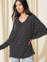Friends Like These Mono Polka Dot Soft Jersey V Neck Long Sleeve Tunic Top - Image 3 of 4