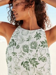 White Linen Blend High Neck Mini Dress - Image 2 of 6