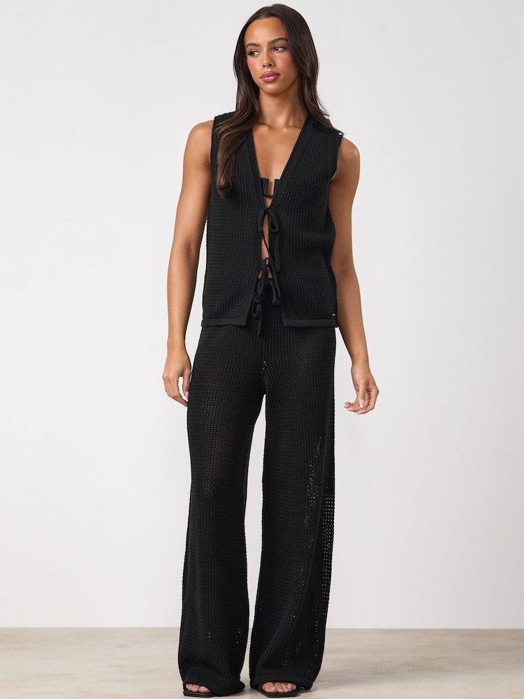 Gym King Black Crochet Tie Front Vest - Image 1 of 4 Gym King Black Crochet Tie Front Vest - Image 1 of 4