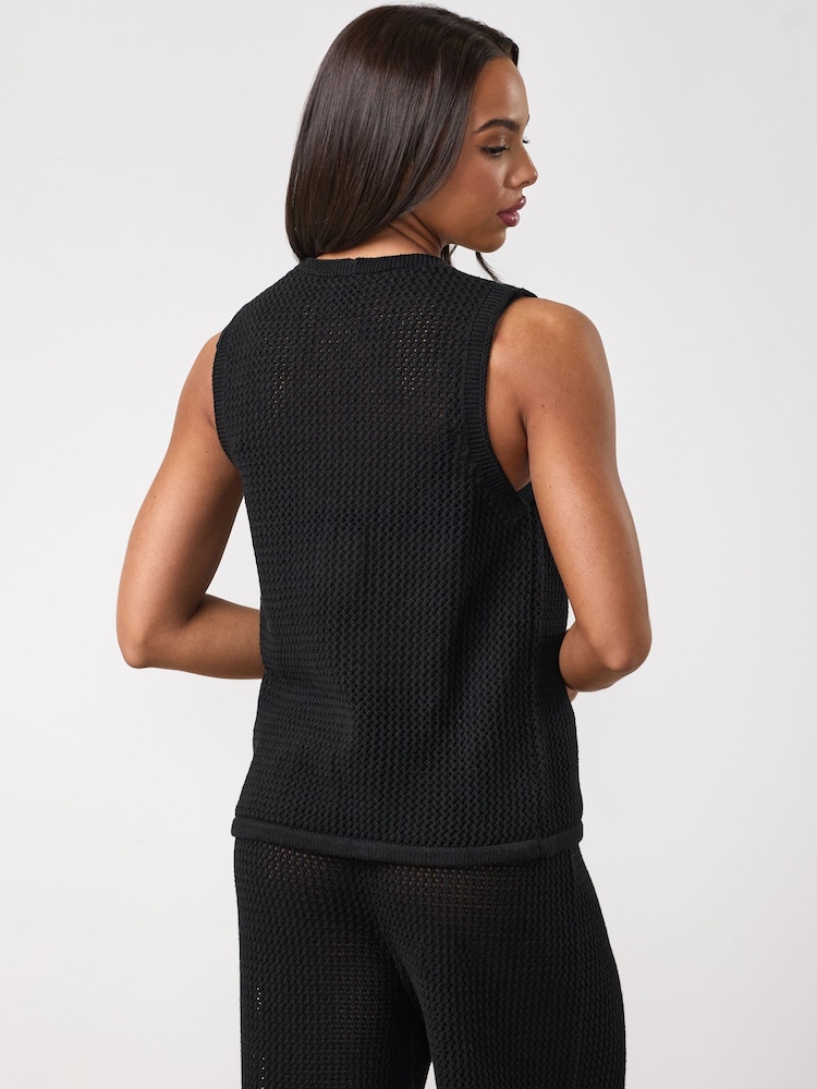Gym King Black Crochet Tie Front Vest - Image 2 of 4 Gym King Black Crochet Tie Front Vest - Image 2 of 4