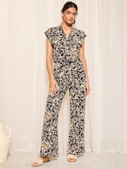 Friends Like These Black Floral Short Sleeve Textured Button Front Blouse - Image 2 of 4