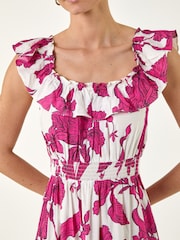 Roman Pink Floral Print Frill Shirred Midi Dress - Image 4 of 4