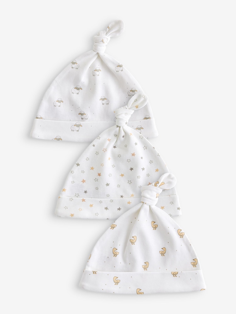 White Animals Baby Tie Top 100% Cotton Hats 3 Pack (0-12mths) - Image 1 of 3
