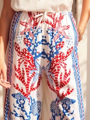 White/Blue/Red Wide Leg Linen Blend Trouser - Image 6 of 8