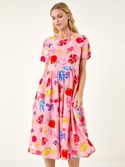 Roman Pink Fruit Print Pocket Midi Dress - Image 1 of 5