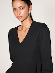 Black Long Sleeved V-Neck Peplum Knit Look Top - Image 2 of 5