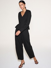 Black Long Sleeved V-Neck Peplum Knit Look Top - Image 4 of 5