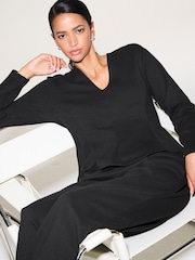 Black Long Sleeved V-Neck Peplum Knit Look Top - Image 5 of 5