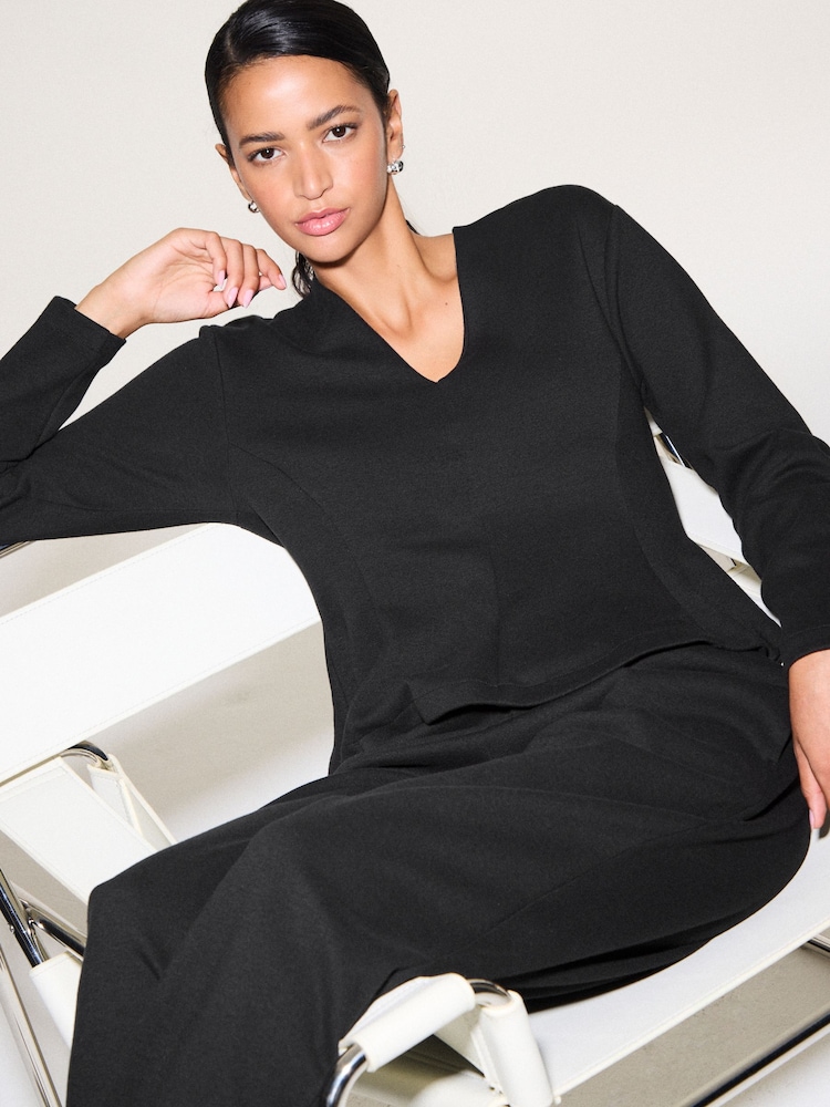 Black Long Sleeved V-Neck Peplum Knit Look Top - Image 5 of 5 Black Long Sleeved V-Neck Peplum Knit Look Top - Image 5 of 5