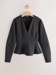 Black Long Sleeved V-Neck Peplum Knit Look Top - Image 6 of 8