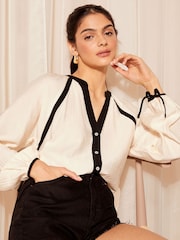 Friends Like These Black/White Long Sleeve Contrast Neck Tie Cuff Blouse - Image 1 of 4