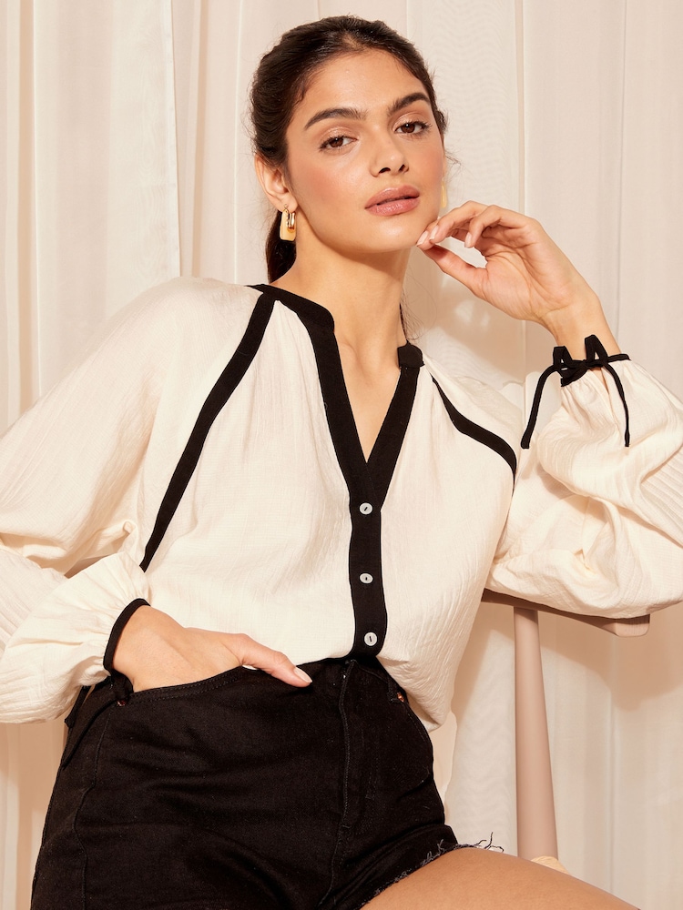 Friends Like These Black/White Long Sleeve Contrast Neck Tie Cuff Blouse - Image 1 of 4