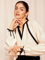 Friends Like These Black/White Long Sleeve Contrast Neck Tie Cuff Blouse - Image 2 of 4