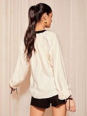 Friends Like These Black/White Long Sleeve Contrast Neck Tie Cuff Blouse - Image 4 of 4