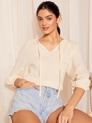 Steinfarben/Creme - Friends Like These Blouson-Bluse aus Baumwolle in Knitteroptik mit 3/4-Ärmeln und Schnürung - Bild 1 von 4