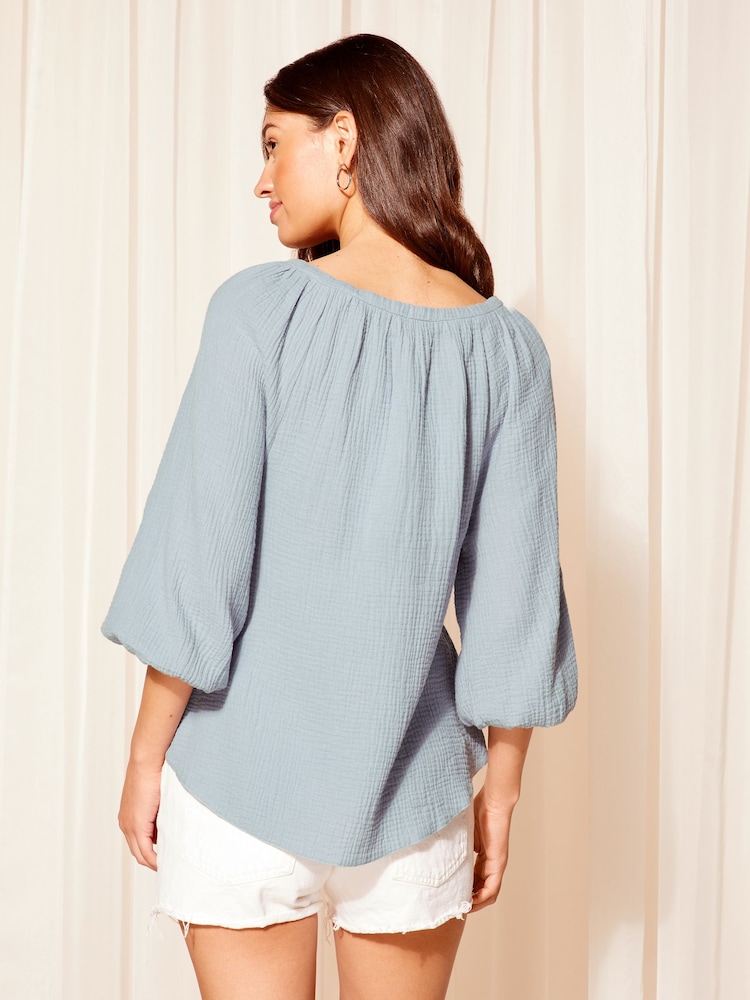 Friends Like These Blue 3/4  Sleeve Tie Neck Crinkle Cotton Blouson Blouse - Image 4 of 4