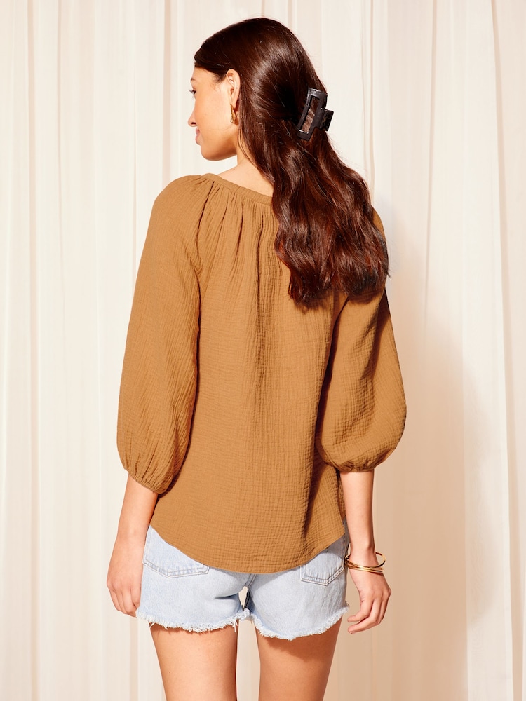 Rostorange - Friends Like These Blouson-Bluse aus Baumwolle in Knitteroptik mit 3/4-Ärmeln und Schnürung - Bild 4 von 4