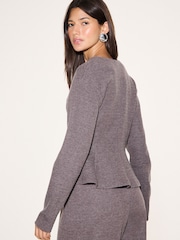 Brown Long Sleeved V-Neck Peplum Knit Look Top - Image 4 of 5