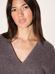Brown Long Sleeved V-Neck Peplum Knit Look Top - Image 5 of 5