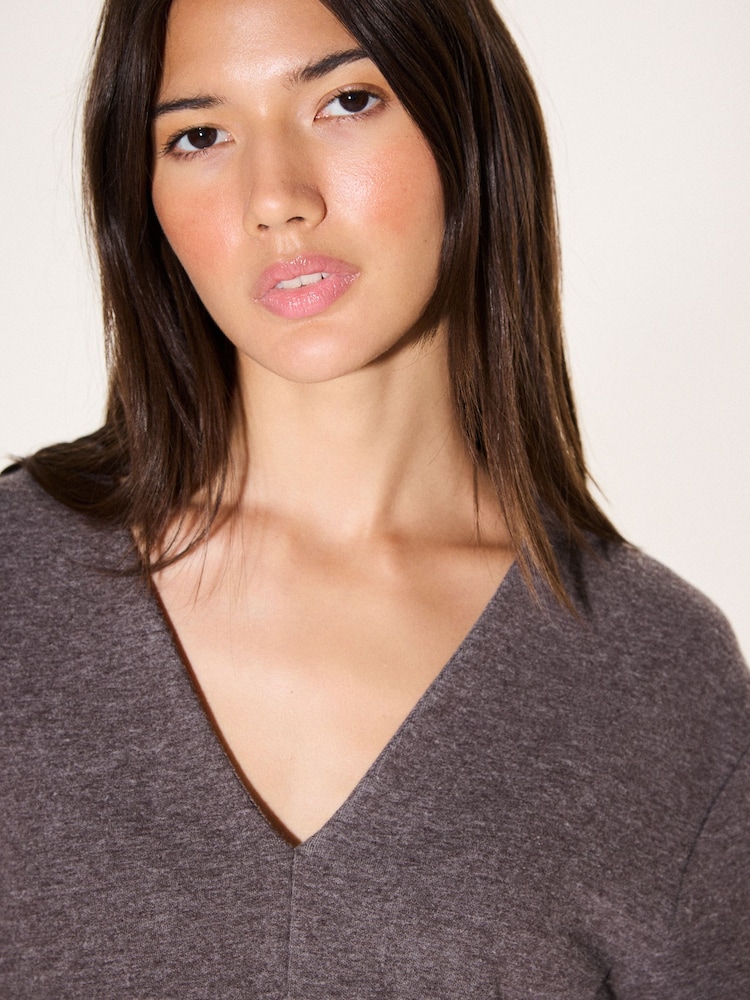 Brown Long Sleeved V-Neck Peplum Knit Look Top - Image 5 of 5