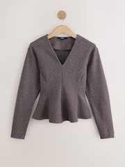 Brown Long Sleeved V-Neck Peplum Knit Look Top - Image 6 of 8