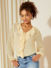 Friends Like These Rusted Orange Long Sleeve Tie Front Double Ruffle Blouse - Image 1 of 4