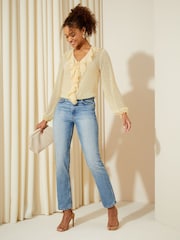 Friends Like These Rusted Orange Long Sleeve Tie Front Double Ruffle Blouse - Image 2 of 4