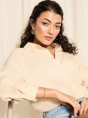 Friends Like These Cream Long Sleeve Crinkle Cotton Button Through Shirt - Image 3 of 4