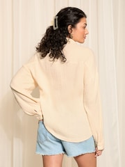 Friends Like These Cream Long Sleeve Crinkle Cotton Button Through Shirt - Image 4 of 4