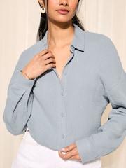 Friends Like These Blue Long Sleeve Crinkle Cotton Button Through Shirt - Image 1 of 4