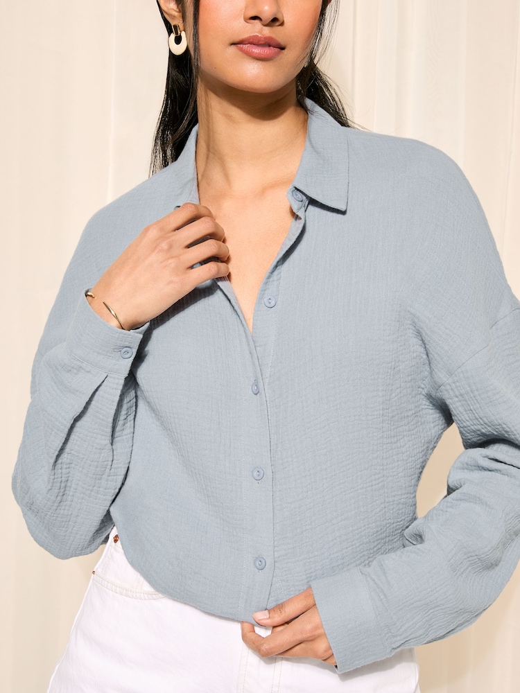 Friends Like These Blue Long Sleeve Crinkle Cotton Button Through Shirt - Image 1 of 4