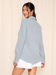 Friends Like These Blue Long Sleeve Crinkle Cotton Button Through Shirt - Image 4 of 4