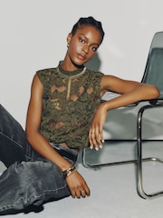 Olive Green Sleeveless Keyhole Lace Bubblehem Top - Image 1 of 7