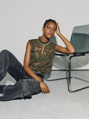 Olive Green Sleeveless Keyhole Lace Bubblehem Top - Image 2 of 7