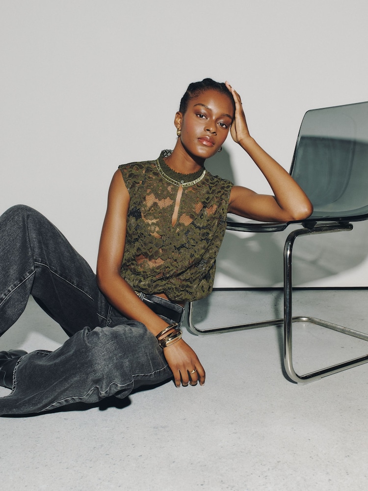 Olive Green Sleeveless Keyhole Lace Bubblehem Top - Image 2 of 7