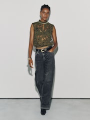 Olive Green Sleeveless Keyhole Lace Bubblehem Top - Image 3 of 7