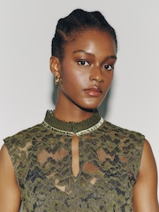 Olive Green Sleeveless Keyhole Lace Bubblehem Top - Image 6 of 7