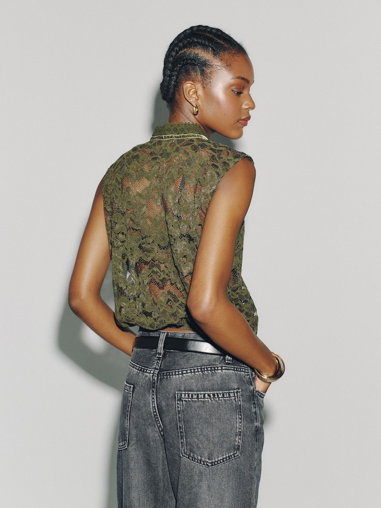 Olive Green Sleeveless Keyhole Lace Bubblehem Top - Image 7 of 7