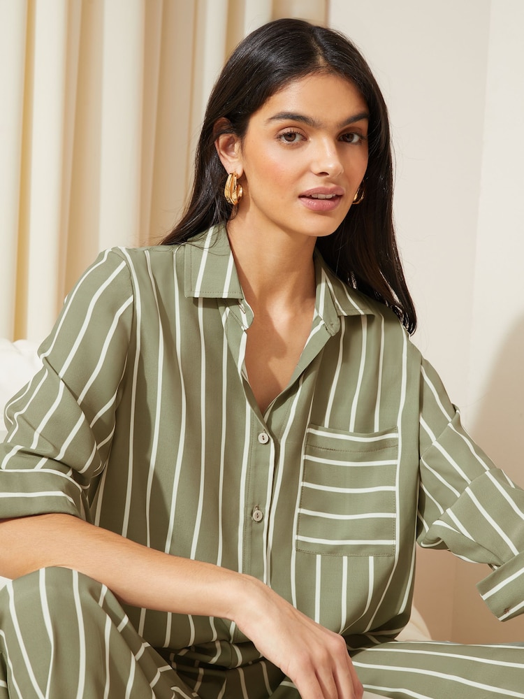 Friends Like These Khaki Green Long Sleeve Button Through Pocket Detail Shirt - Image 1 of 4