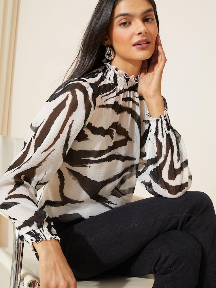 Friends Like These Neutral Floral Ruffle High Neck Blouse - Image 1 of 4 Friends Like These Neutral Floral Ruffle High Neck Blouse - Image 1 of 4